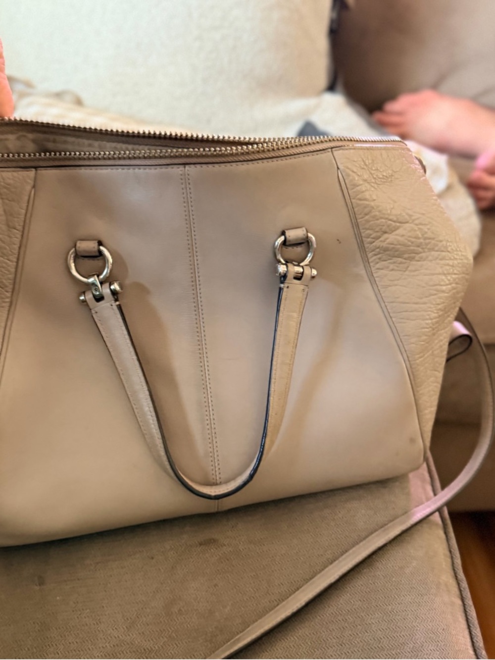 Coach Beige Leather Satchel with Silver Hardware and Crossbody Strap